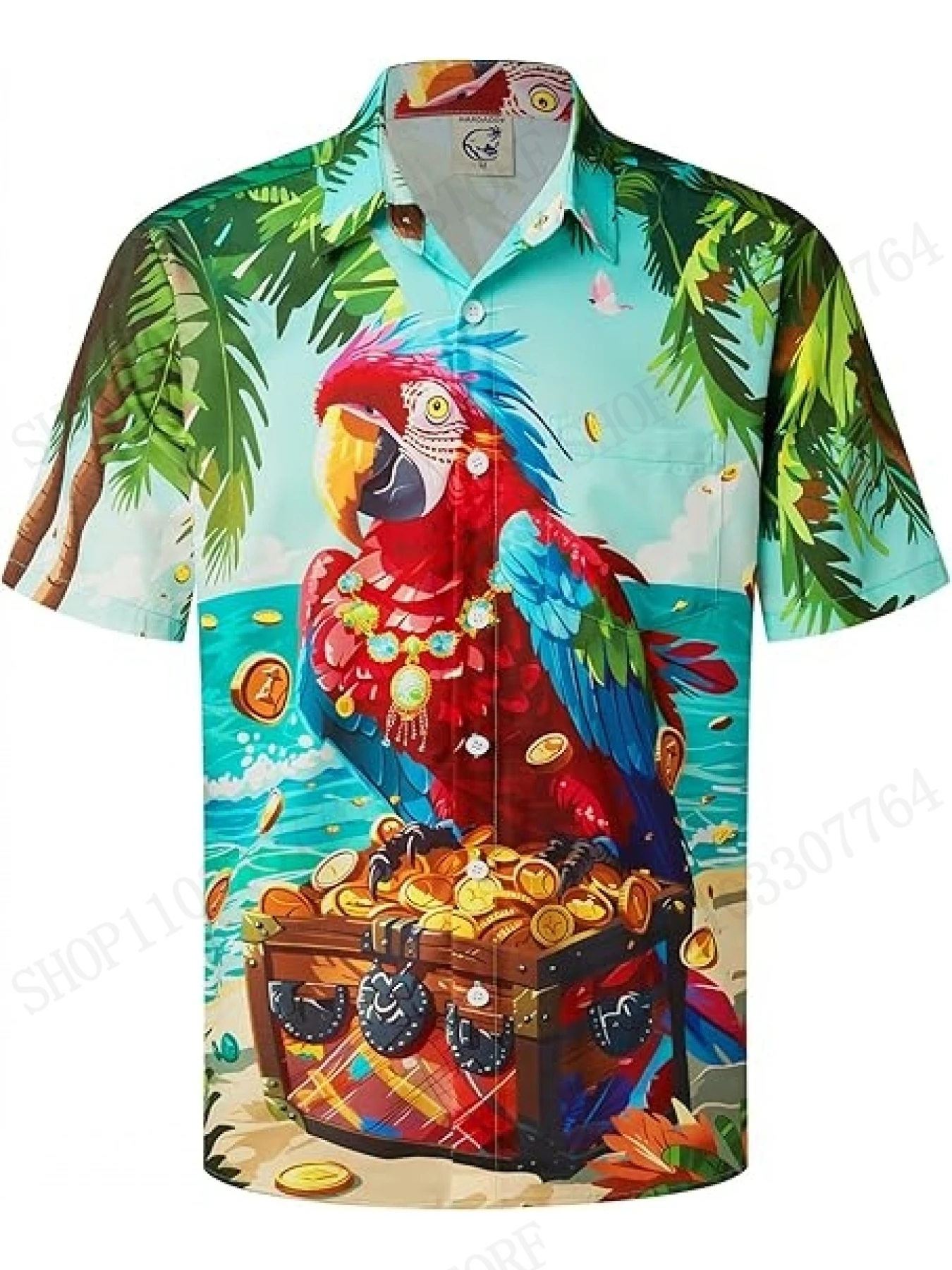 Men Lapel Short Sleeve Shirt Tropical Beach Parrot Treasure Chest Gold Coin Palm Leaf Print Loose Holiday Button Casual Tops