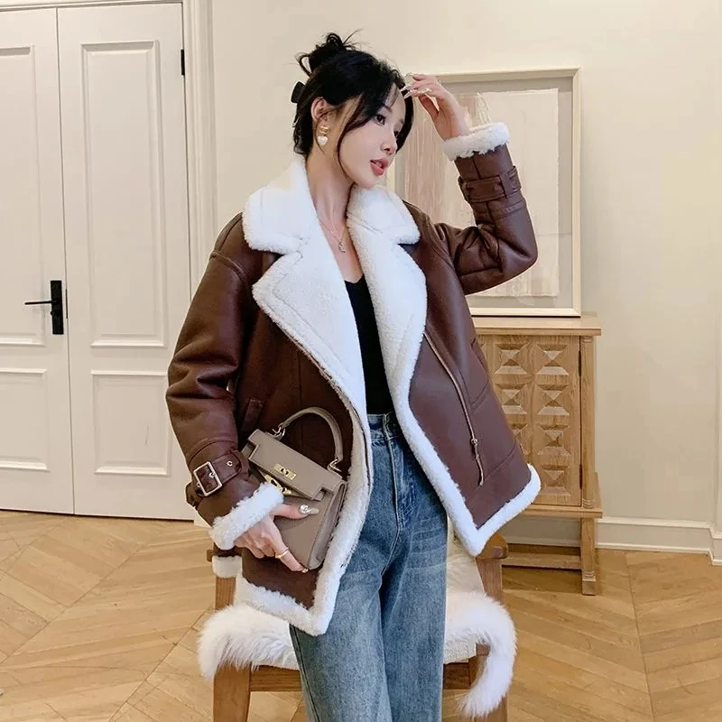 

2023 Winter New Thicke Fur One-piece Leather Jackets Women's Overcoat Fashion Loose Mid-Length Lambswool Jacket Warm Fur Coat