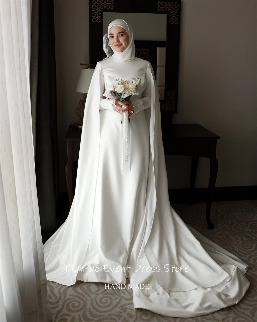 Dianruo bescheiden A-lijn trouwjurk trein bevestigd Grand vestido de noiva ruches cape mouwen vintage avondjurk op maat