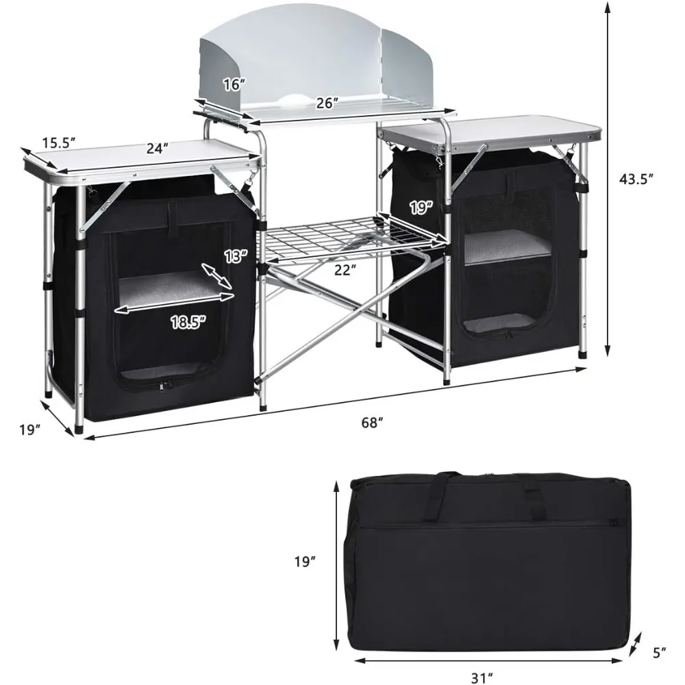 Camping Kitchen Station, Folding Grill Table with 26'' Tabletop, 2 Side Tables, Storage Organizer, Detachable Windscreen