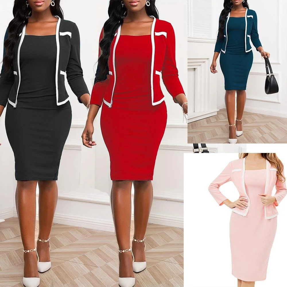 Women's Patchwork Hip Seven Quarter Sve Fake Piece Dr Polyester mid Waist Basic Sle Busin Suit Single Piece