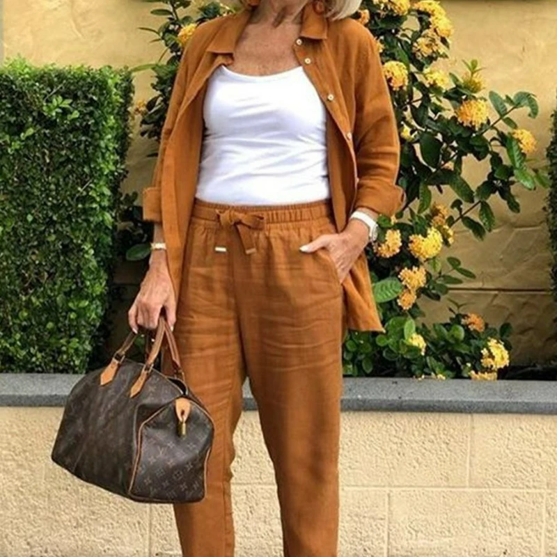 

Shirt Top Harem Pant Sets Women Casual Two Piece Set Full Sleeve Button Turn Down Collar Blouses High Waist Pants Suits