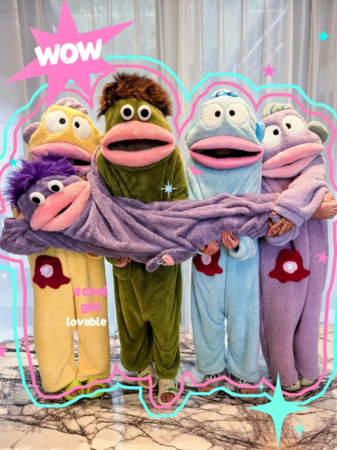 

Winter Coral Fleece Thickened Warm Ugly Funny Abstract Hair Ugly Fish Loungewear Homewear Green Big Mouth Monster Onesie Pajamas