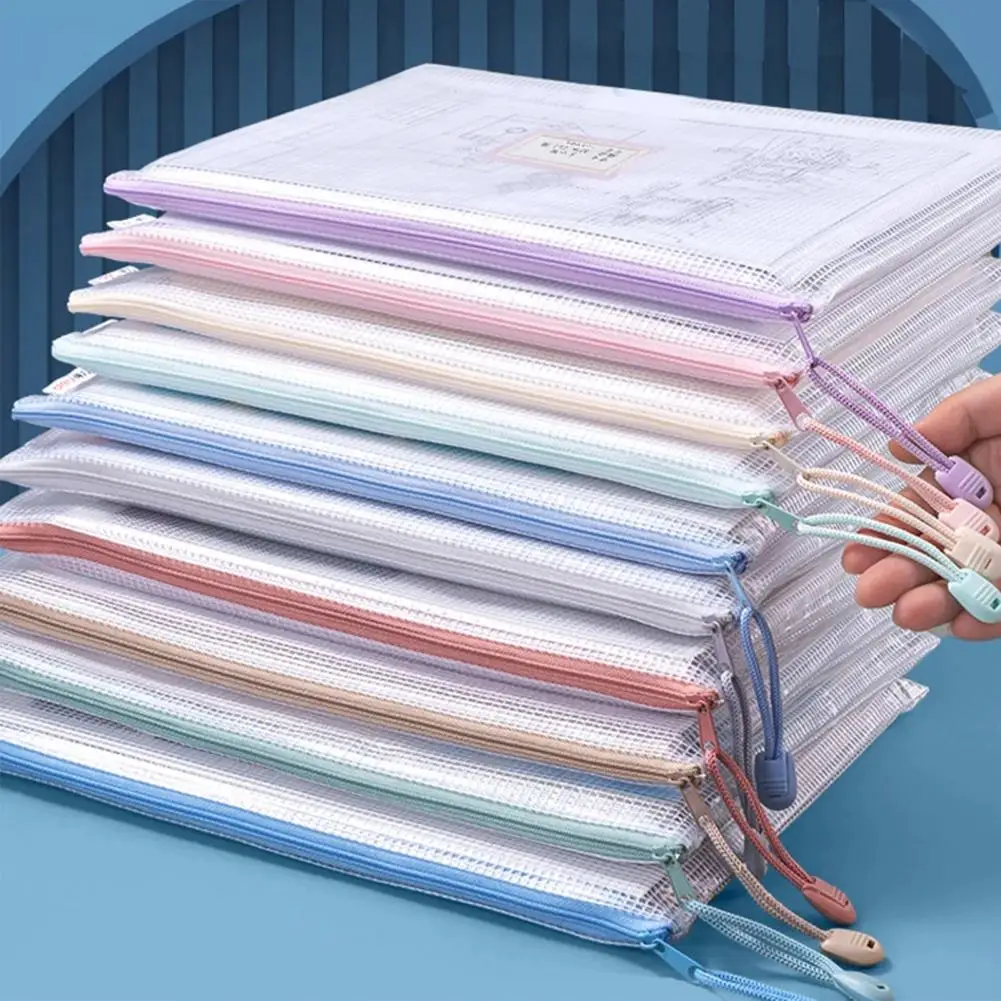 5 Pcs Mesh Zipper Bag A4 Letter Size Document Pouch Clear Plastic Waterproof Mesh Stationery Pouches Office School Supplies