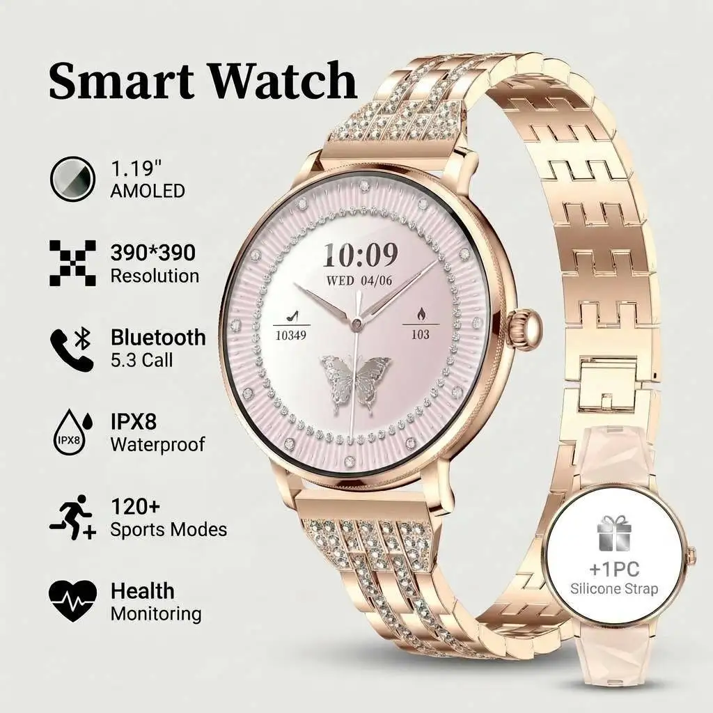 2026 Women's Smart Watch 1.19'' AMOLED Screen Ultra-Thin Body 120+ Sports Modes BT Call Heart Rate Sleep Tracking Christmas Gift