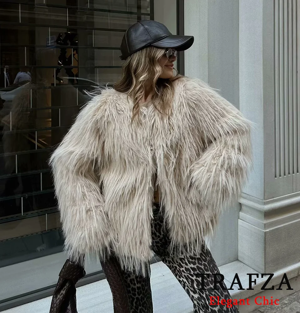 TRAFZA-Women Elegant Fur-Effect Jacket Coat O-Neck Feather-Like Faux Fur Jacket New Fall Winter Fashion Romantic Jacket Coat