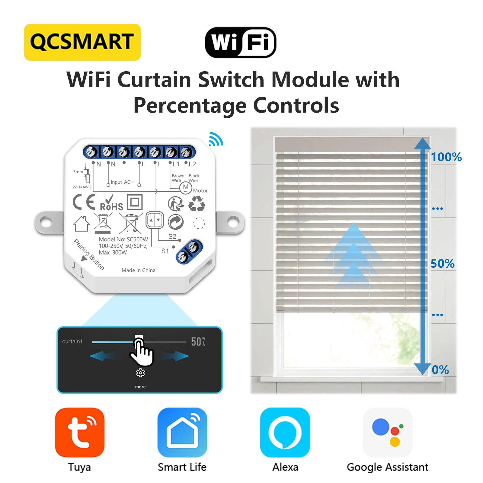 QCSMART Modulo interruttore tenda WiFi per motori persiane Controllo percentuale Tuya Voce di Google Alexa Funziona con spedizione veloce
