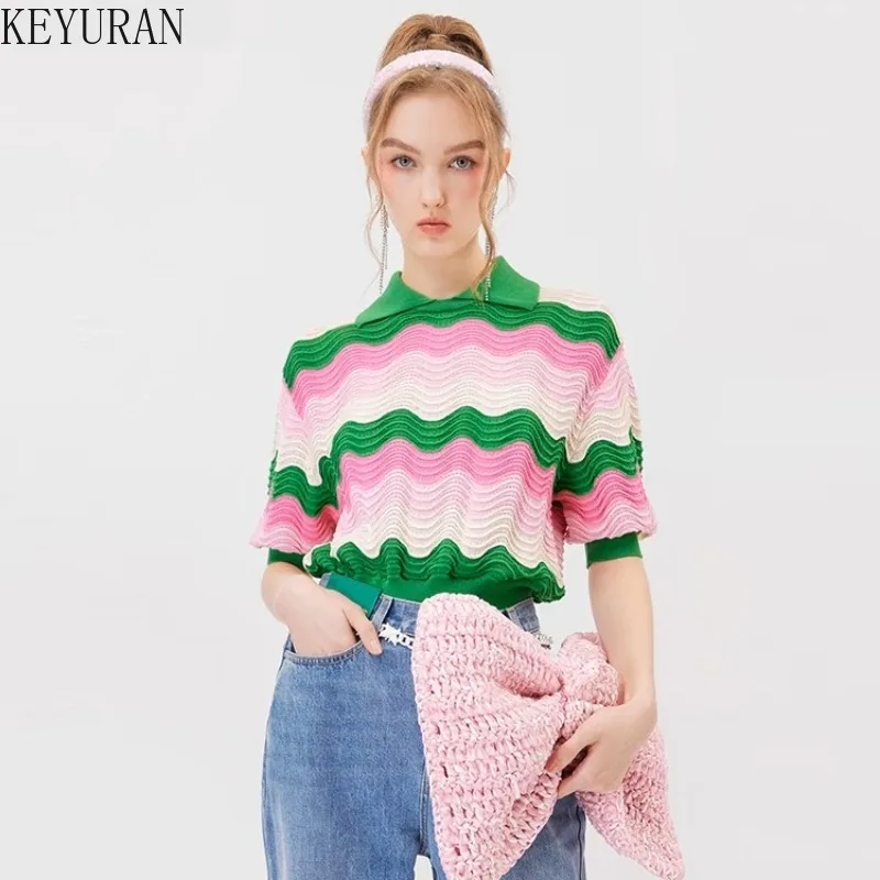 2024 New Summer Rainbow Striped Sweater Women\'s Knit T-Shirt Vintage Turn-down Collar Casual Loose Pullover Knitwear Tops Jumper