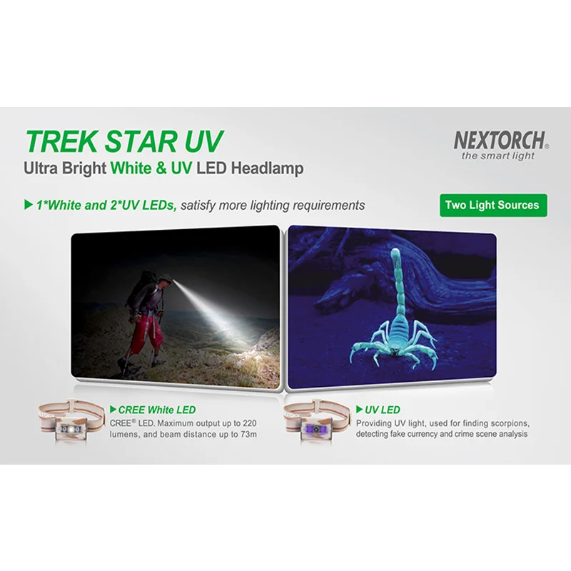 Imagem -05 - Nextorch-trek Estrela uv Led Farol Fonte de Luz Dual Color Lanterna ao ar Livre Camping e Pesca Ipx4 220lm