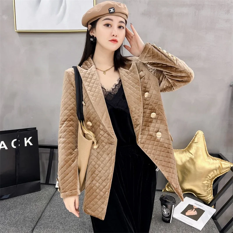 2023 Autumn/Winter New Velvet Plus Cotton Coat Women Double Row Metal Button Slim Warm Winter Cotton Coat Female High end Coat