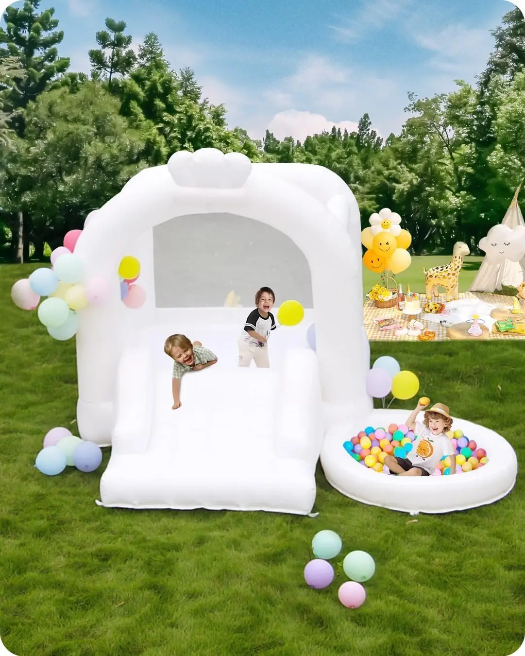 White Bounce House with Slide Ball Pit,  Inflatable Bounce Castle, with Air Blower, 11x11FT Bouncy House for Wedding Party Kids