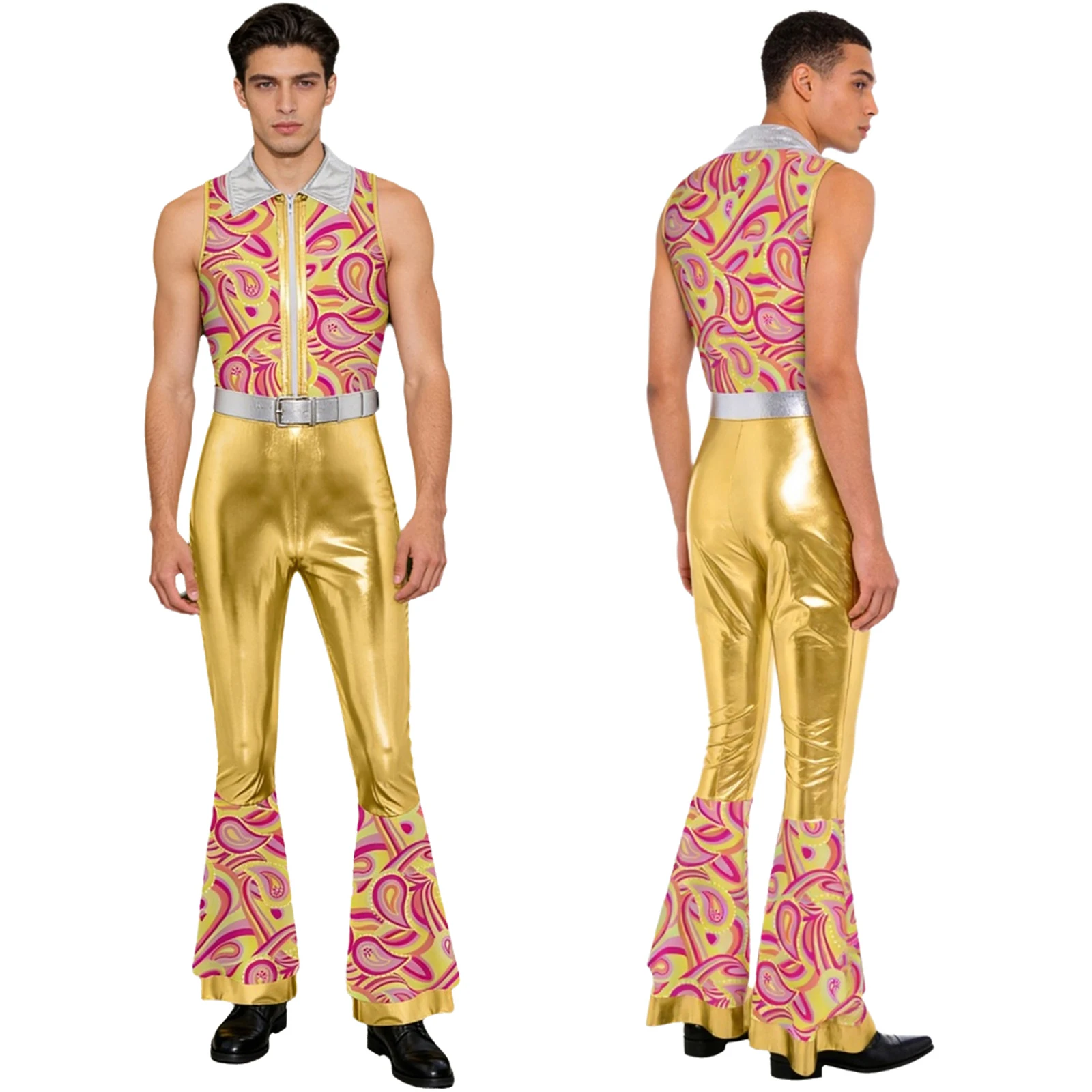 

Men Vintage Patchwork Disco Party Jazz Tango Waltz Stage Dance Performance Jumpsuits Sleeveless Club Party Dance Bodysuits