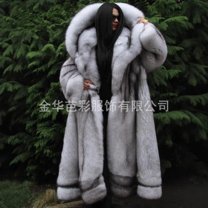 

Winter Fashion Imitation Fur Coat Women's Autumn Winter Long Styles Gray and White Hooded Thermal Coat Fluffy Faux Fur Coat