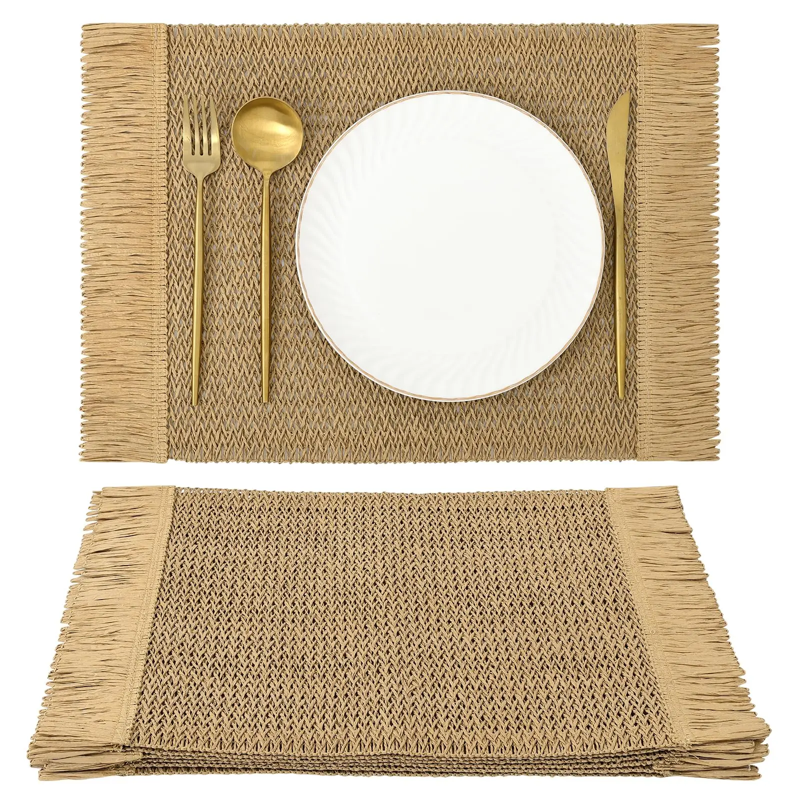 

4 PCS Boho Tassel Paper Woven Braided Placemats 12x18inch Aesthetic Natural Rustic Place Mats for Dinner Party Beach Table Decor