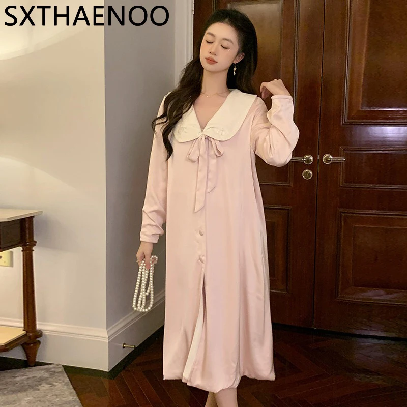 

SXTHAENOO Sweet Princess Style Long Winter Pajamas Pink Doll Collar Pajamas Thickening Warm Home Clothes Cute Pink Nightdress