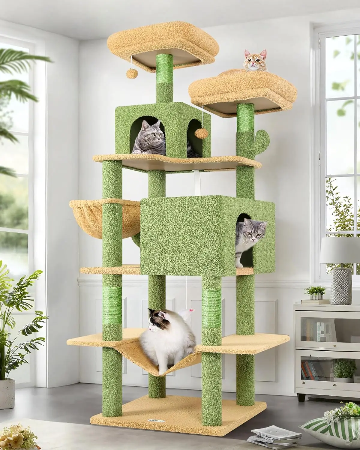 Cactus Cat Tree Tower 76-Inch Extra Tall Multi-Level Cat Furniture with Cozy Condos,Interactive Toys