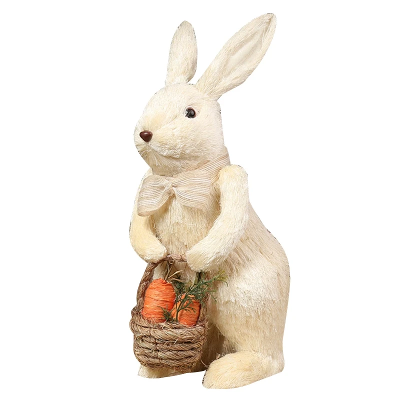 Easter Straw Bowknot Bunny with Carrot Basket Artificial Standing Rabbit for Dol