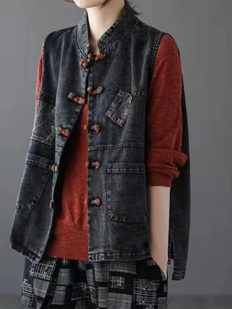 

Ladies Loose Casual Denim Vest Spring Autumn New Sle Slimming Versatile Artistic Retro Ethnic oulder Bared Outerwear
