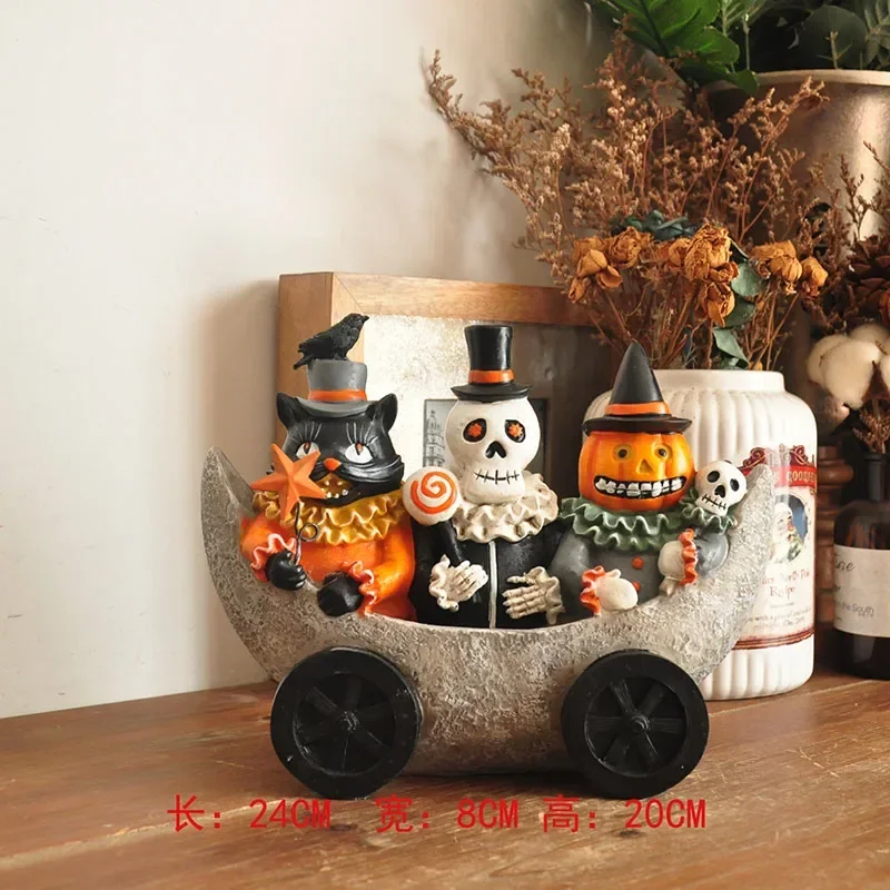 Party Decor Black Cat Witch Little Ghost Skull Resin Figurines Fun Halloween Scene Decoration Home Garden Ornaments Gifts