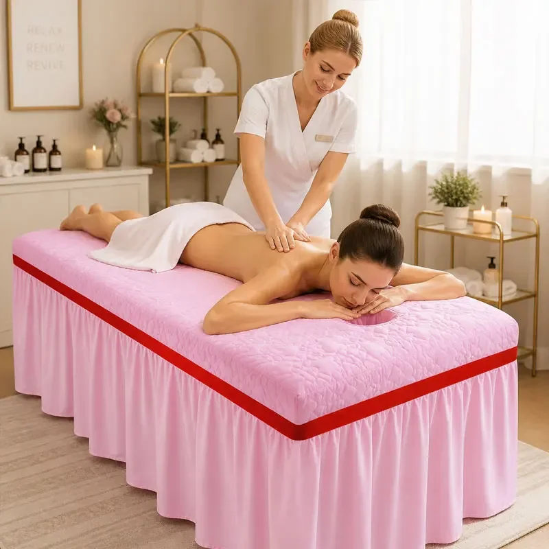 High-end Beauty Salon Bed Cover Skin-friendly Comfort Cotton Fitted Bed Sheet Bed Skirt For SPA Massage Therapy  With Holes