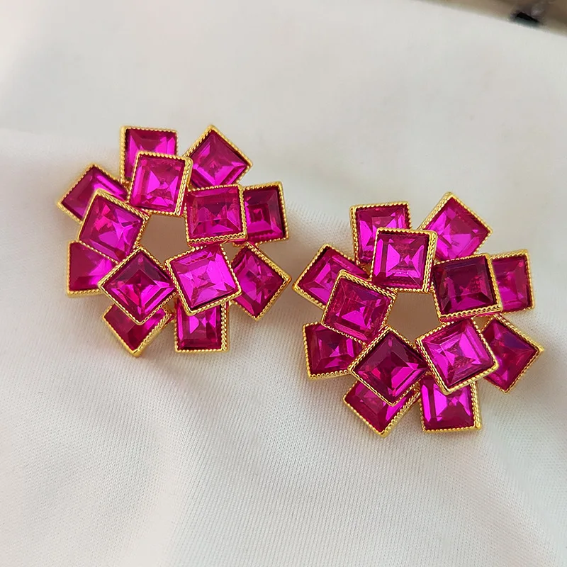 Colored Square Flower Stud Earrings For Women European American Style Delicate Crystal Earrings Wedding Party Jewelry