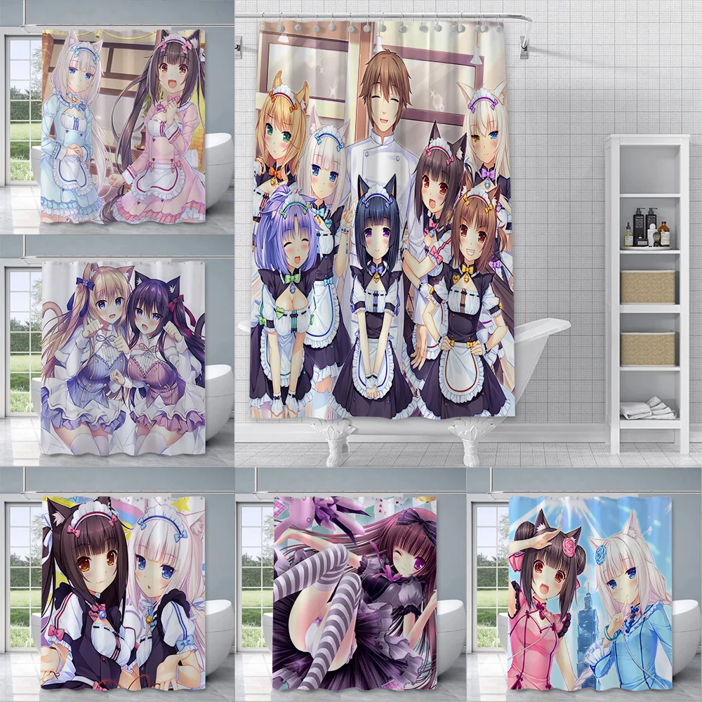 

Nekopara Neko Para Chocola Vanilla Shower Curtain Waterproof Polyester Fabric Paint Bath Curtains Home Bathroom Decor Curtain