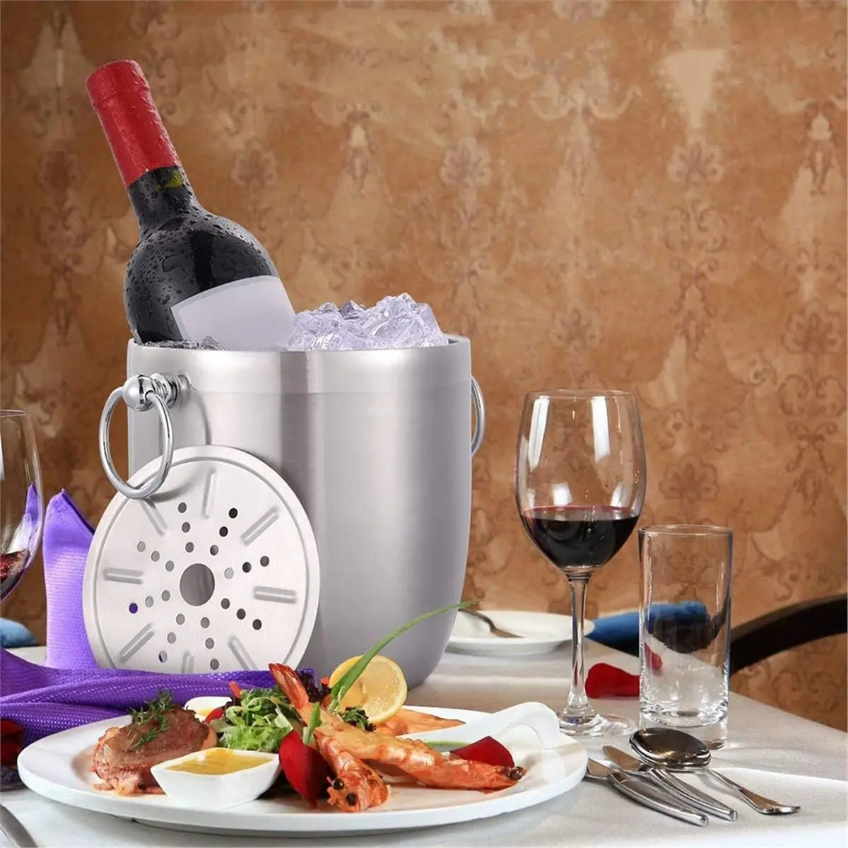 Ice Bucket with Lid,Scoop,Tongs and Strainer Keep Ice Longer Ideal for Cocktail,Parties,Chilling Wine,Champagne