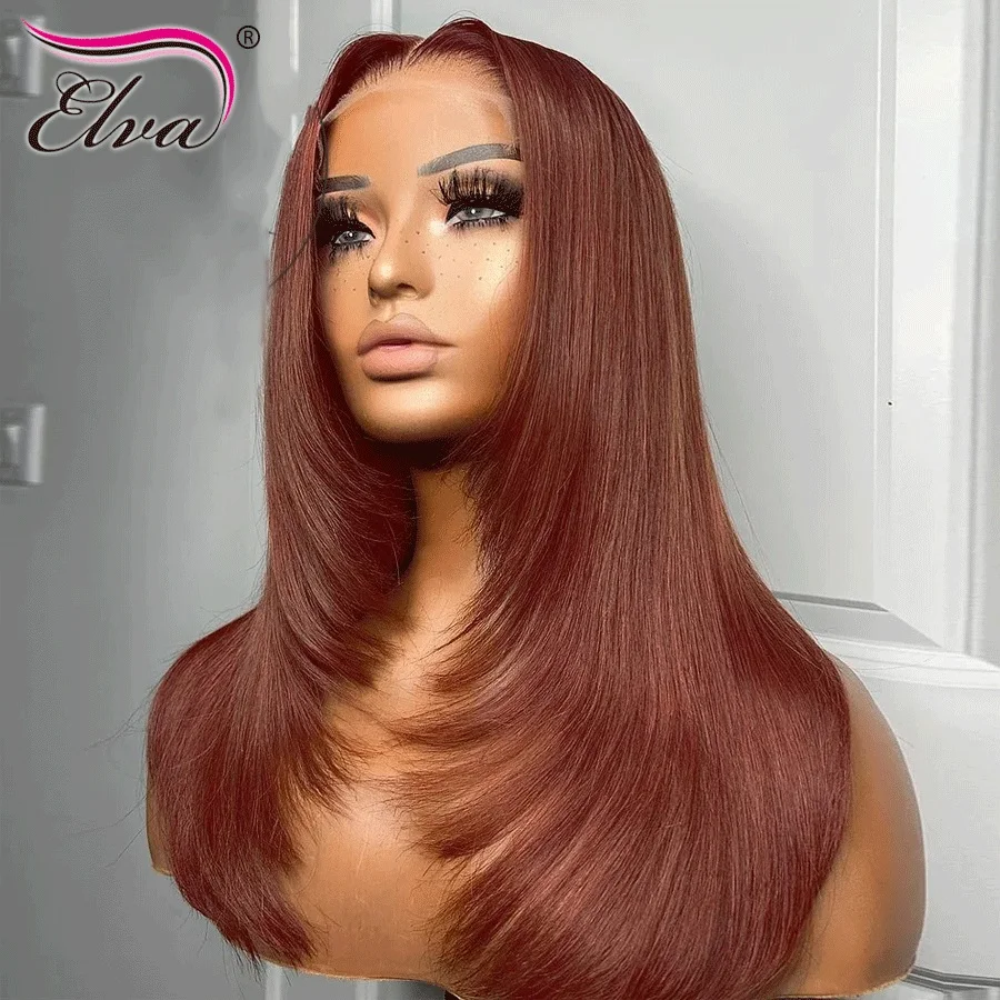 Glueless Layered Lace Wigs HD 13X6 Lace Front Human Hair Wigs For Woman Reddish Brown Straight Lace Front Wigs Layered Cut Wig