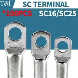 100pcs Copper Lug Ring Wire Connector Bare Cable Electric Crimp Cold Pressing Terminal SC16-6 SC16-8 SC16-10 SC25-6 SC25-8