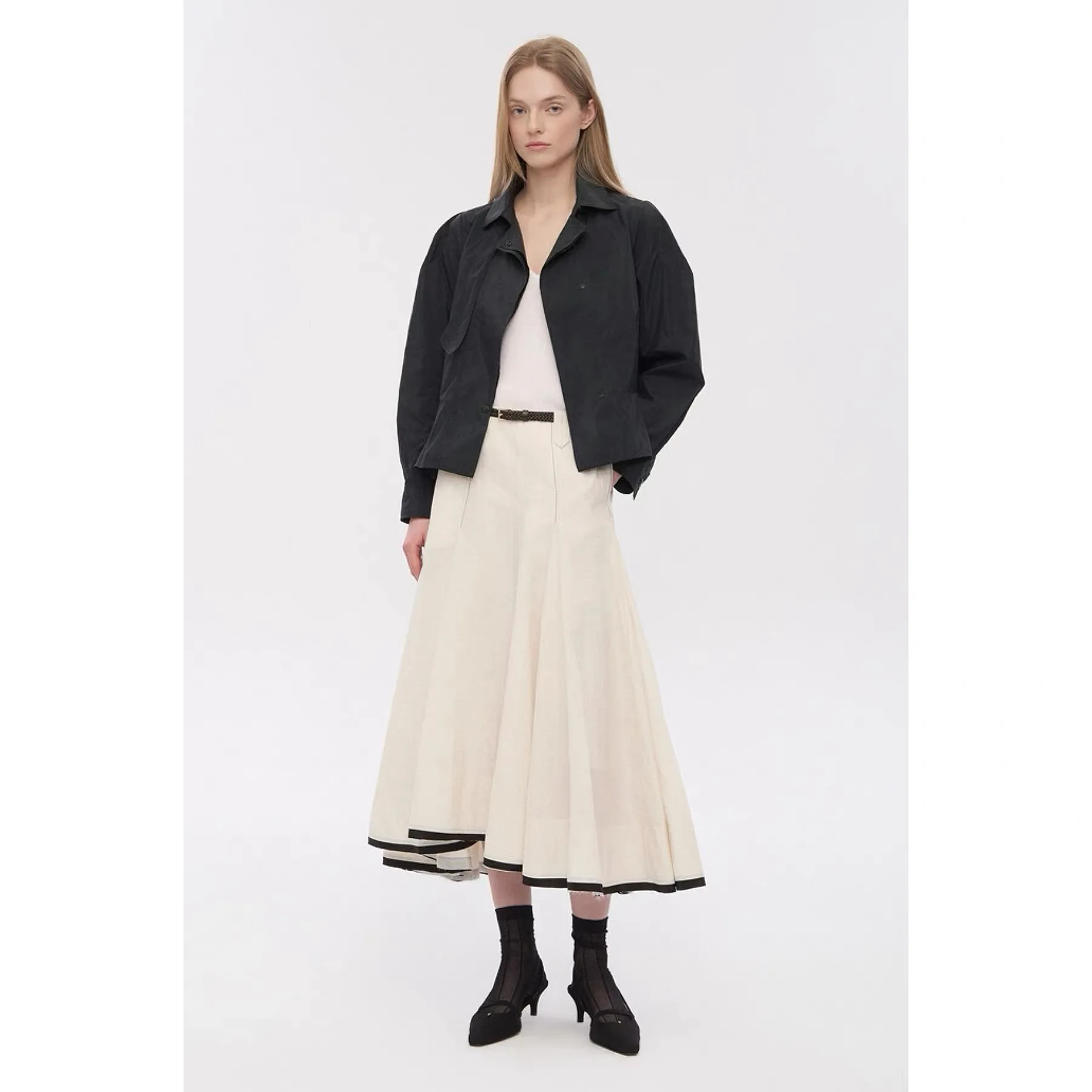 

NingYao TIM26 Spring Fashion Long A-Line Midi Skirt Color Block Asymmetrical Design High Waist Gauze Elegant Ladies Skirt