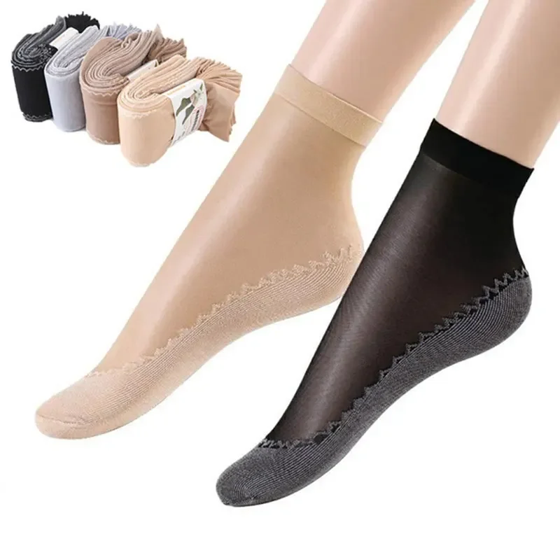 

4 Pairs Spring Summer Women Soft Socks Casual Non-Slip Bottom Splice Fashion Transparent Ladies Girls Breathable Thin Silk Sock