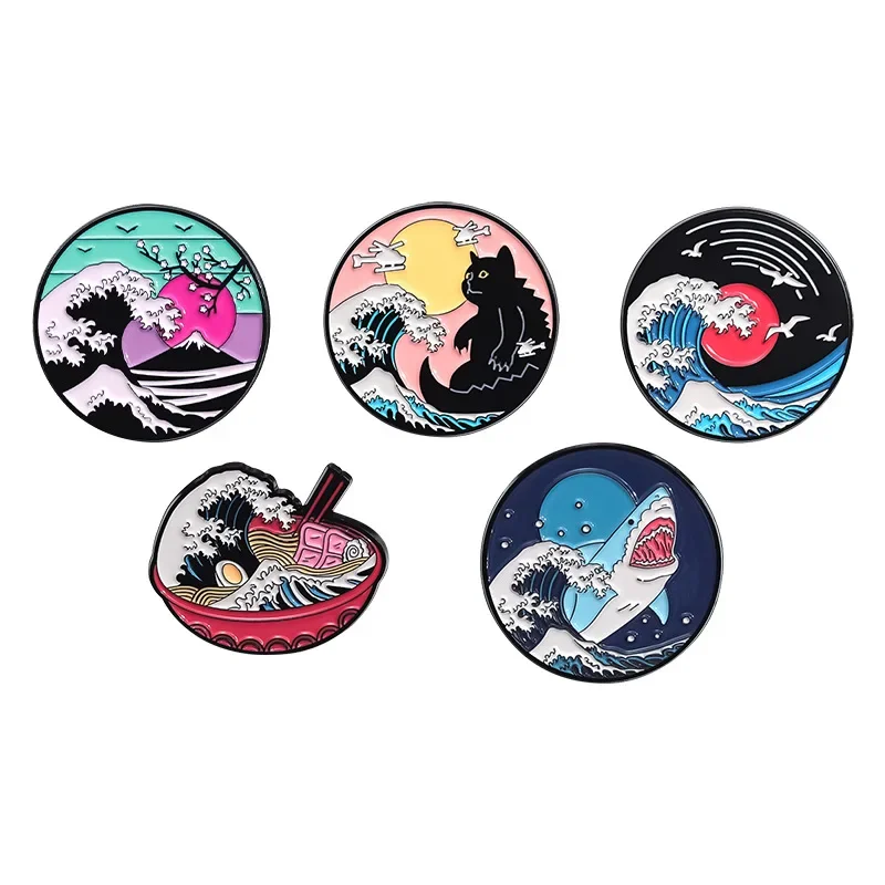 Colorful Japanese Tourist Scenery Metal Badge Brooch Scarf Buckle Gift Exquisite Compact Waves Pins for Backpacks Brooches