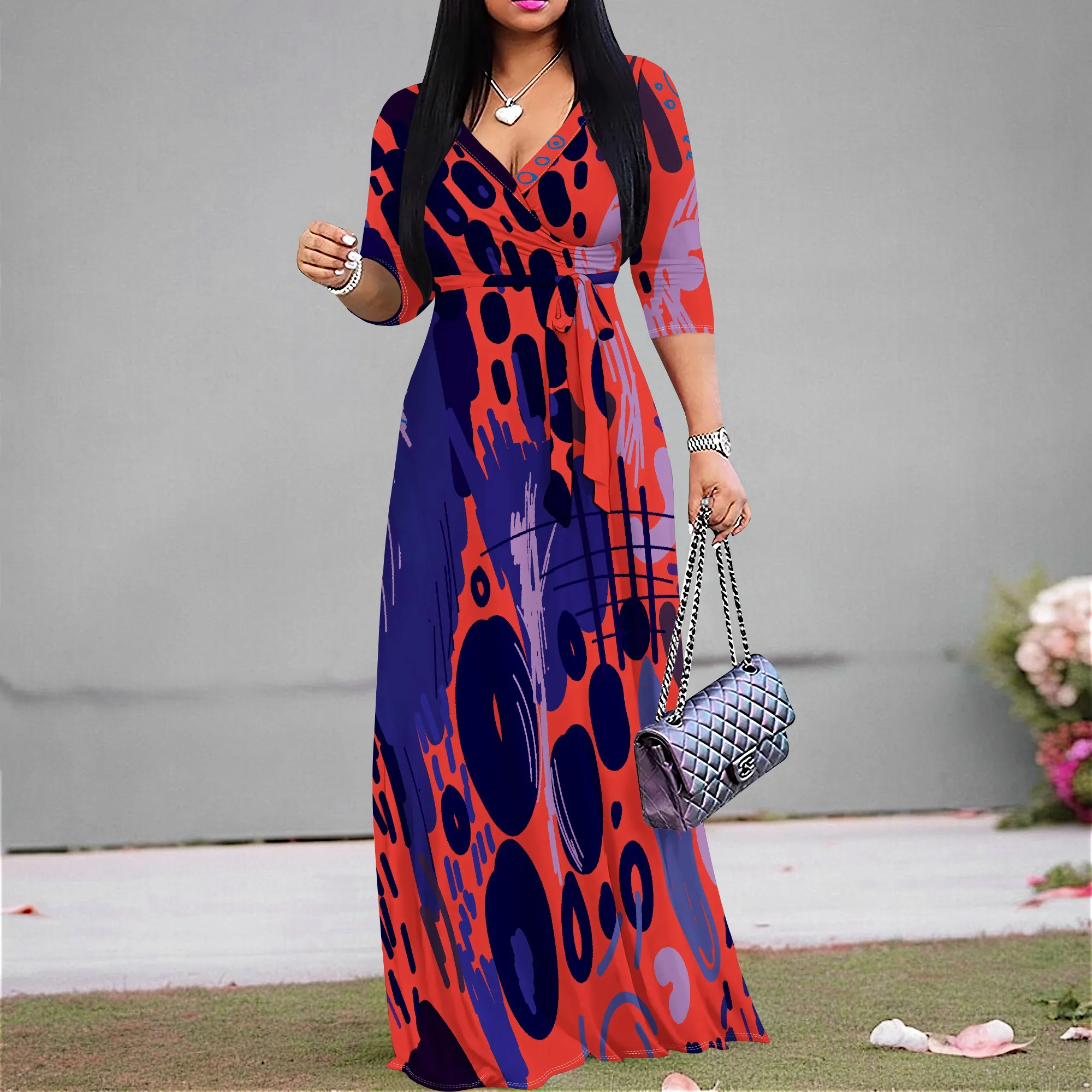 Abito lungo lungo casual a maniche corte estivo da donna Moda Boho stampato Abito da festa sexy diviso con tasche