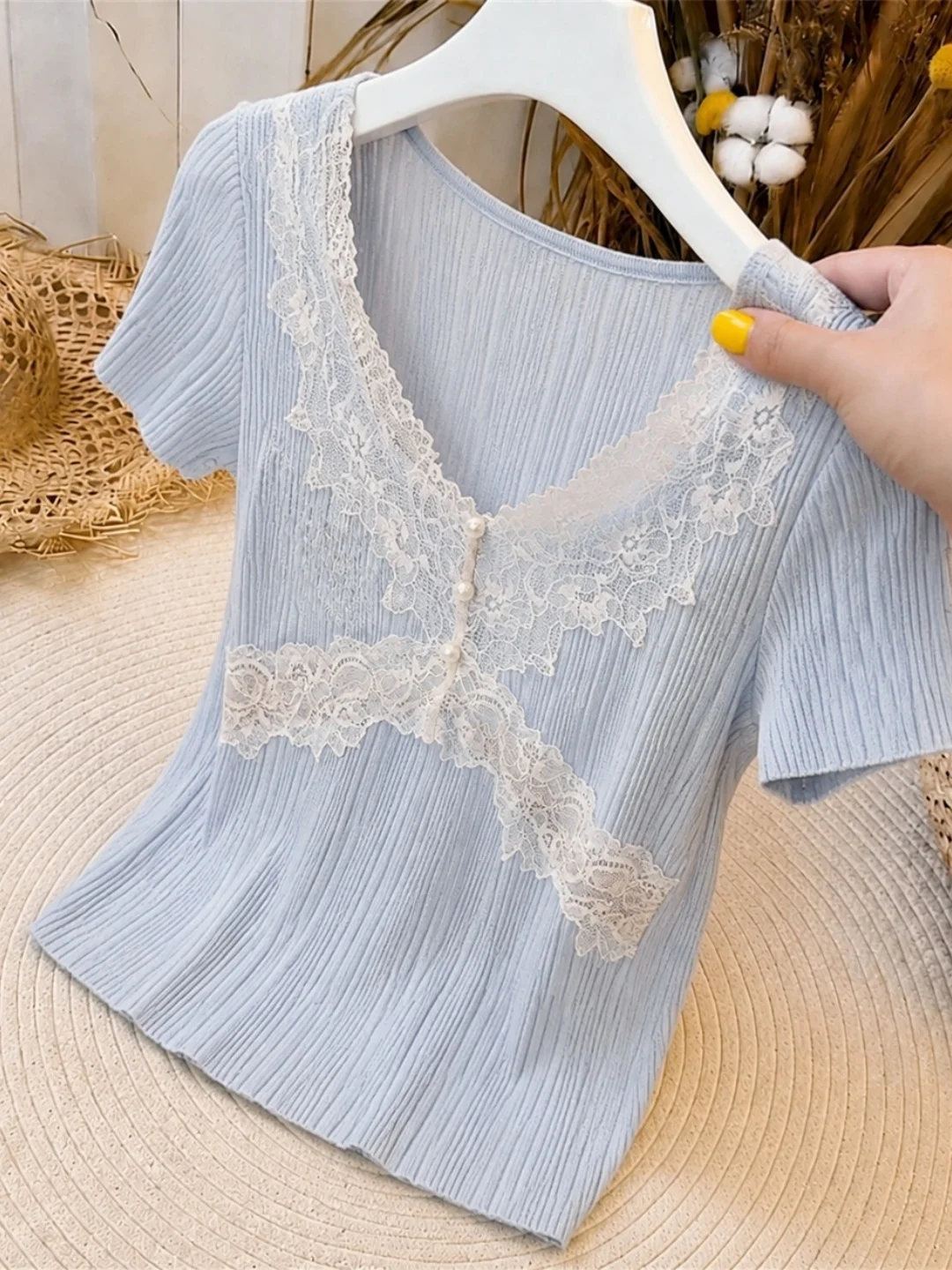 

Trendy Lace Splicing V-Neck Ice Silk Knitted Top Short Sleeve Women's Fashion Summer 2026 Korean Style Straight Cut Silk Blouse