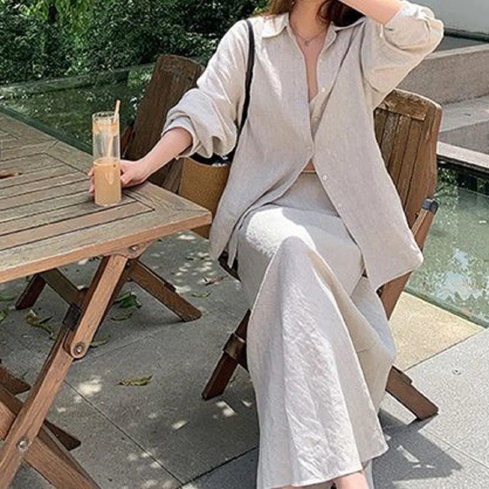 

Casual Women's Solid Color Shirt And Skirt Set Long Sleeve Button Lapel Shirt High Waist Floor Length Skirt New 2 Piece Outfit