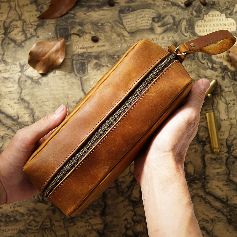 First Layer Cowhide Pencil Bag Square Retro Crazy Horse Leather Zipper Simple Large-capacity Pencil Case Stationery Bag