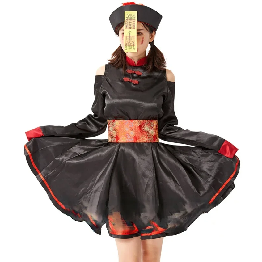 

Halloween Carnival Retro Vampire Embroidery Dress Scary Chinese Qing Dynasty Zombie Bloody Costume