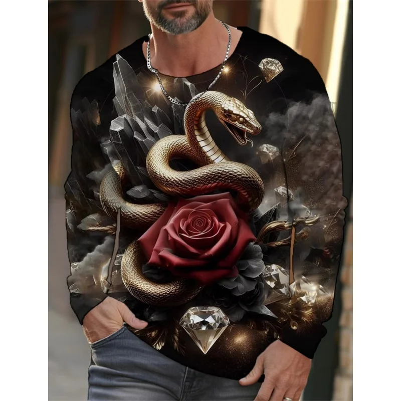 Golden Snake Flower Pattern T-Shirt For Men Cool Animal 3D Printed T Shirts Autumn Casual Loose Round Neck Tops Tees Long Sleeve