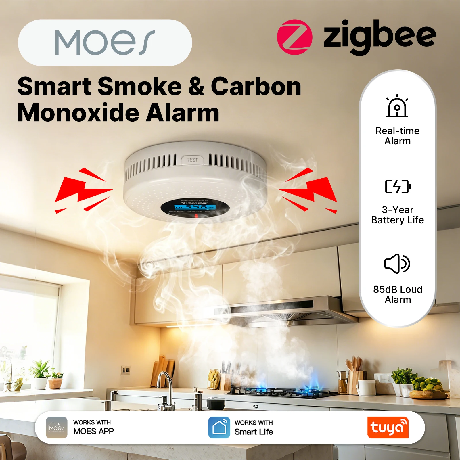MOES Zigbee Smart Smoke & Carbon Monoxide Detector 2 in 1 CO Smoke Alarm Tuya Smart Life App Need Zigbee Gateway