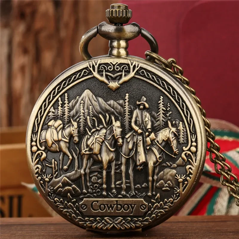 Antique Pocket Watch with Carving Western Cowboy Pattern Bronze Necklace Chain Quartz Watches To Men Women Arabic Number Clock