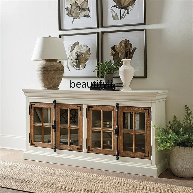 

American-Style Solid Wood Bookcase French Retro TV Cabinet Dining Side Display Glass Curio Cabinet