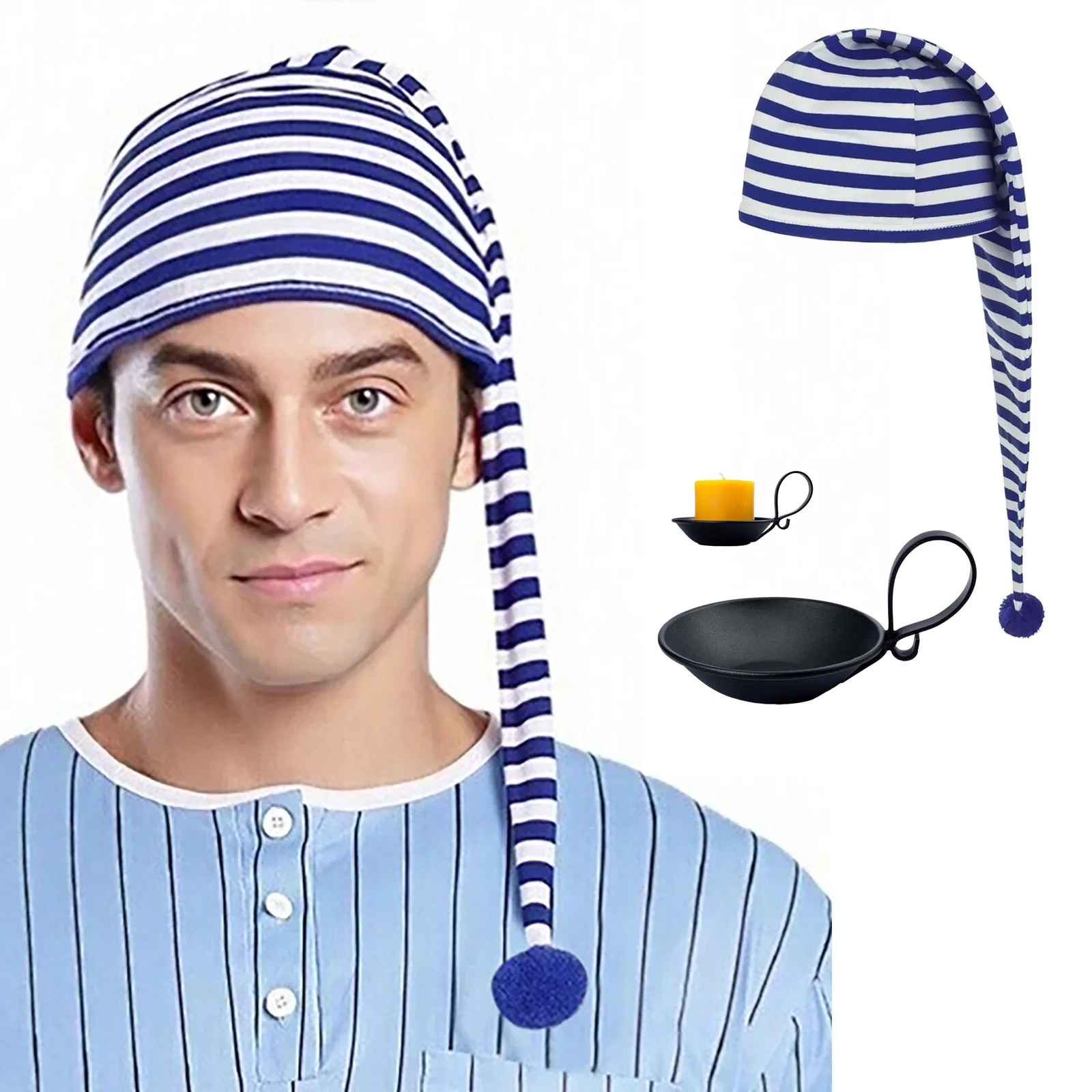 

1Pc Stripe Cotton Sleep Cap Pointed Pompom Cap And 1Pc Matte Black Iron Candle Holder with Handle for Costume Party Supplies