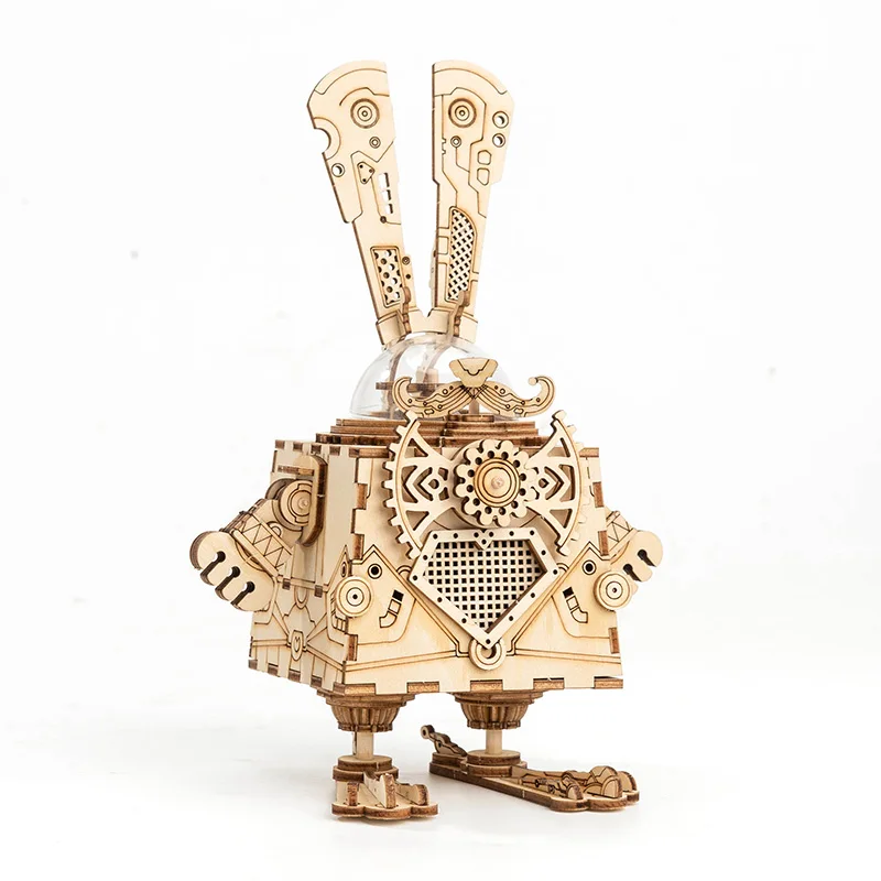 DIY Mechanical Wooden Model Kit for Adults, Steampunk Bunny Rabbit Music Box 3D Puzzle, Creative Craft Assembly Ornament
