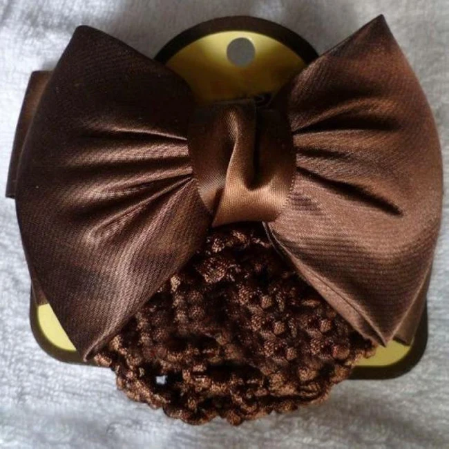 A69G-Ladies Brown Bowknot Accent Snood Net Barrette Hair Clip Hairnet