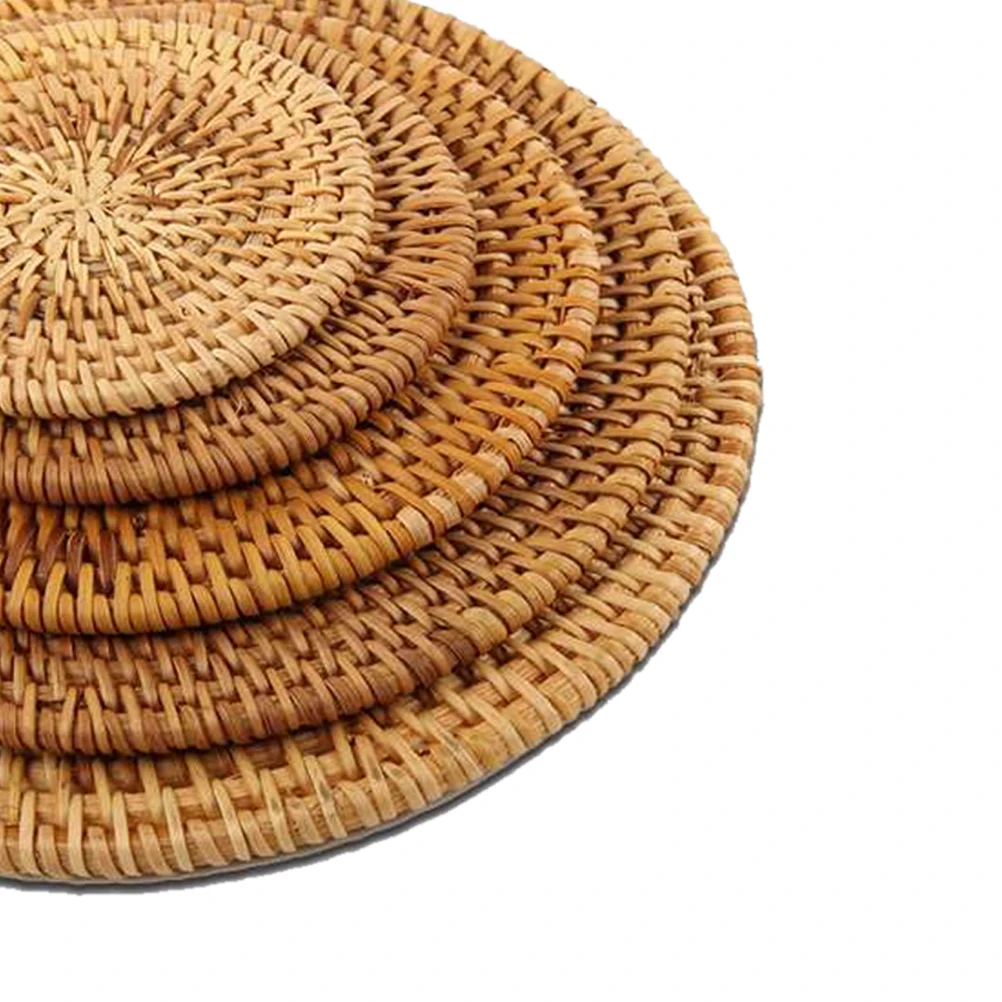 

Insulated Coaster Natural Material Heat Resistant Drinks Hand Woven Round Pad Rattan Wooden Cup Decorative