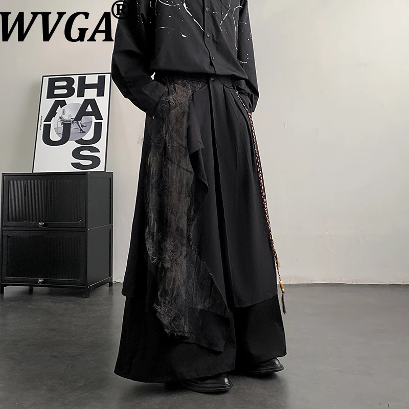 

Новые мужские многослойные брюки-юбка W21240 в китайском стиле с бахромой, широкие штанины, нишевый дизайн, повседневные, шикарные, весна-осень