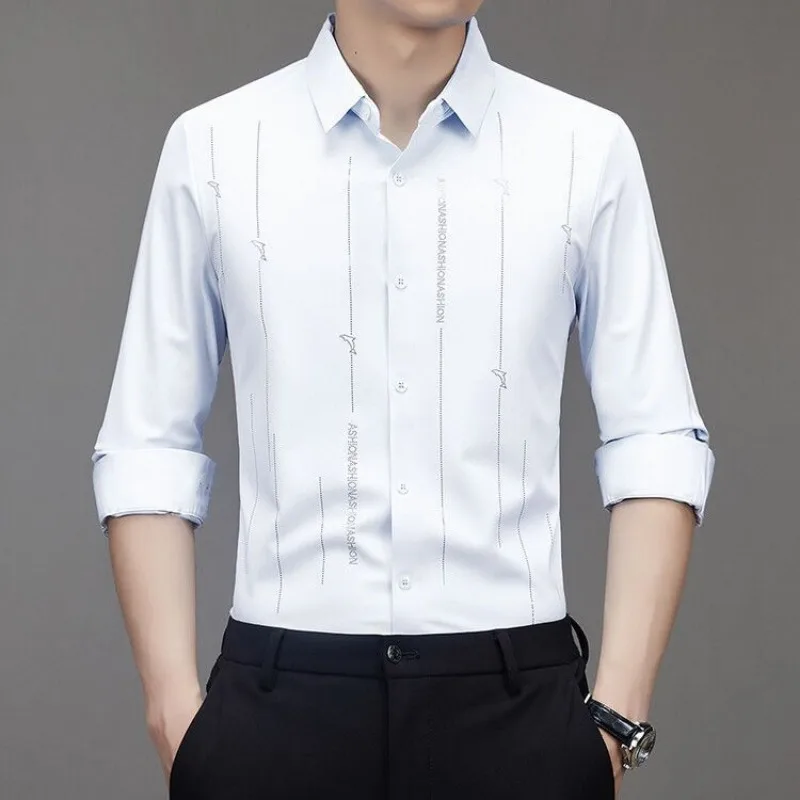 Men Spring Autumn Long Sleeve Shirt Wrinkle Resistant No Iron Seamless Business Casual Slim Dress Shirt