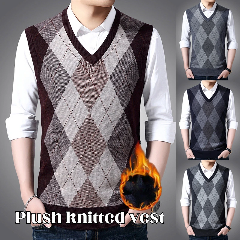 New Fashion Men's Diamond Checkered Knitted Vest Pullover V Neck Sleeveless Sweater Autumn Winter Casual Business Men Clothing