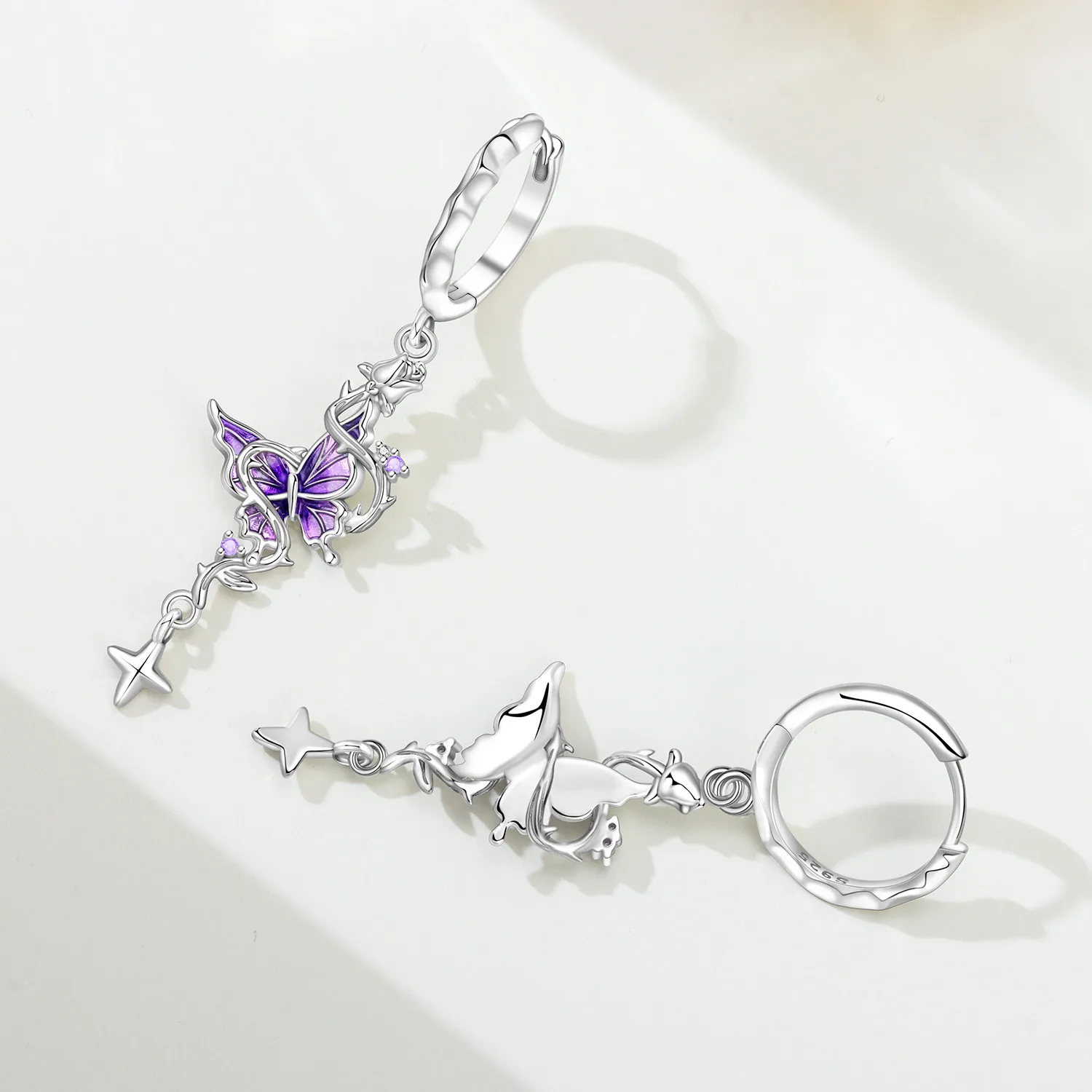 Original 925 Sterling Silber Ohrringe, Vielseitige Exquisite Hellviolette Rosa Blumen-Schmetterlings-Ohrringe, Schmuck für Frauen zum Geburtstag – Detail 20