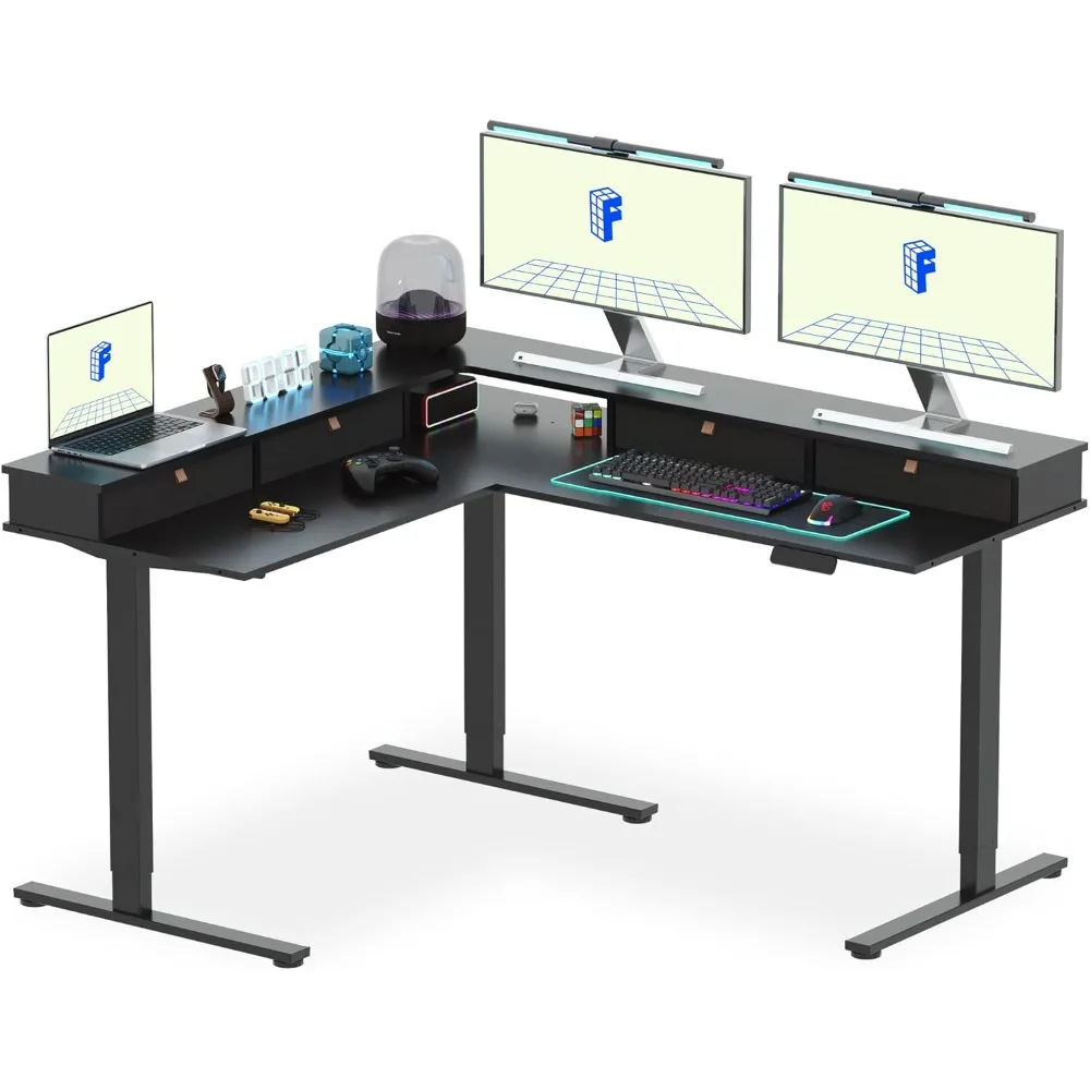 

"Electric L-Shaped Corner Desk with Monitor Shelf and 4 Storage Drawers for Home Office Use"